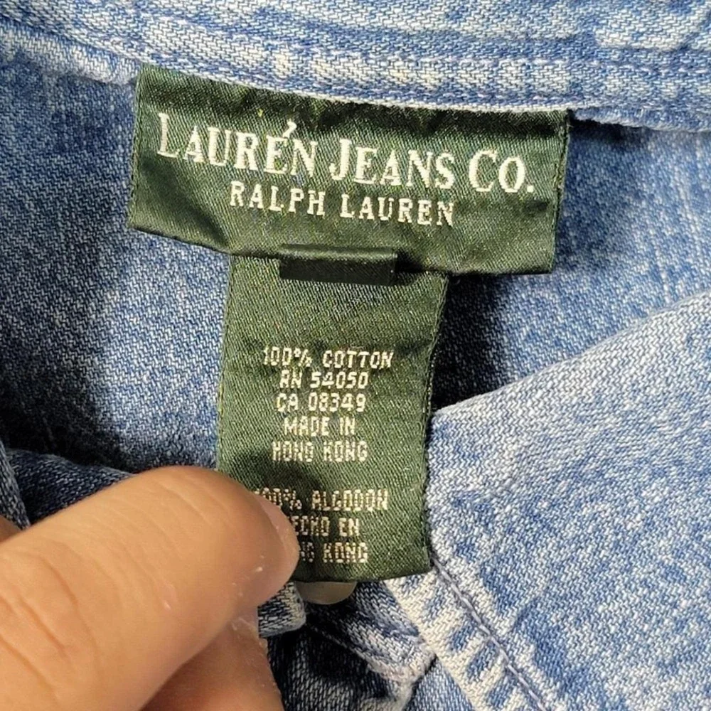 Lauren Ralph Lauren Denim Button Down Shirt Light Wash Blue Crest Logo Womens L - Picture 3 of 6